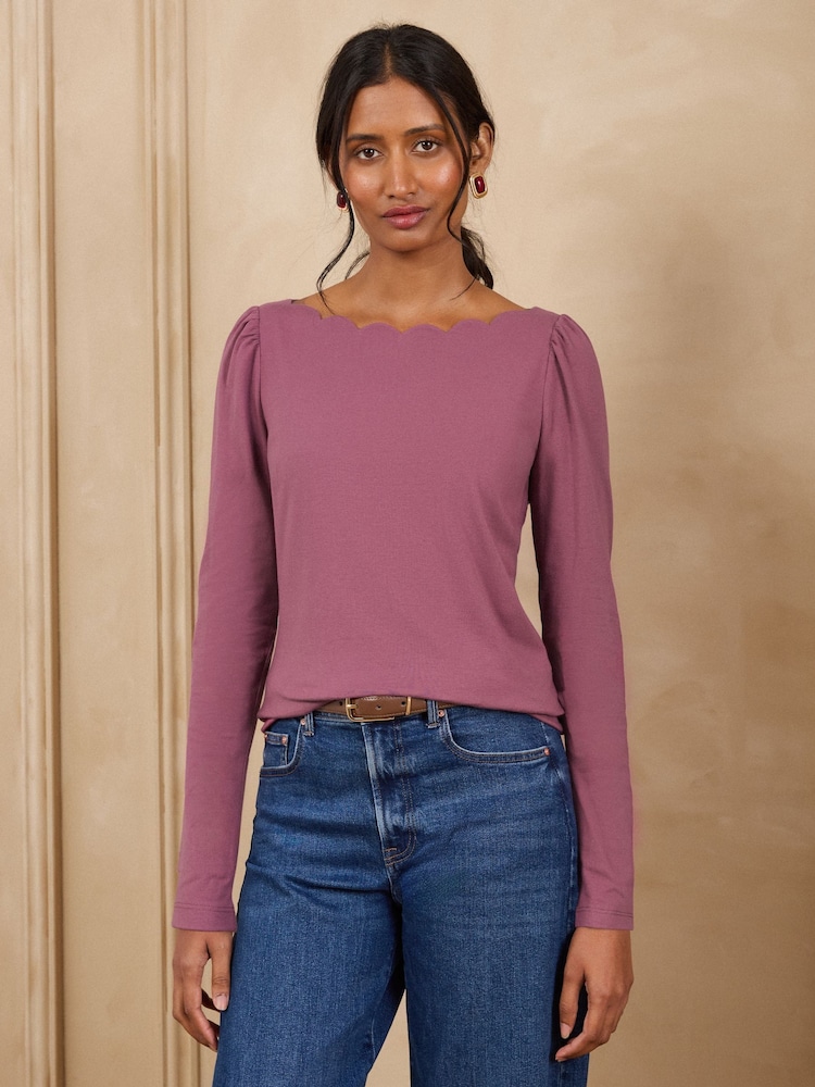 Love & Roses Chocolate Brown and Mauve Purple Scallop Boat Neck Long Sleeve Top - Image 2 of 6