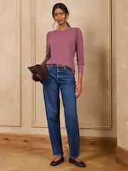 Love & Roses Chocolate Brown and Mauve Purple Scallop Boat Neck Long Sleeve Top - Image 4 of 6