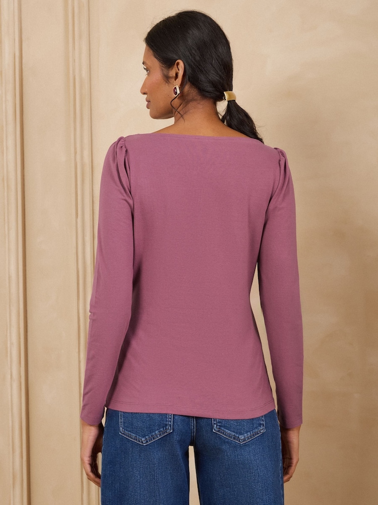 Love & Roses Chocolate Brown and Mauve Purple Scallop Boat Neck Long Sleeve Top - Image 6 of 6
