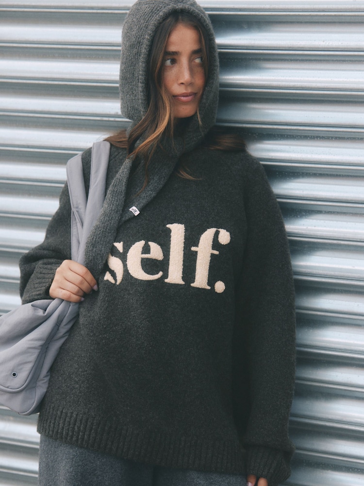 self. Charcoal Grey Knitted Slogan Jumper - Image 1 of 6