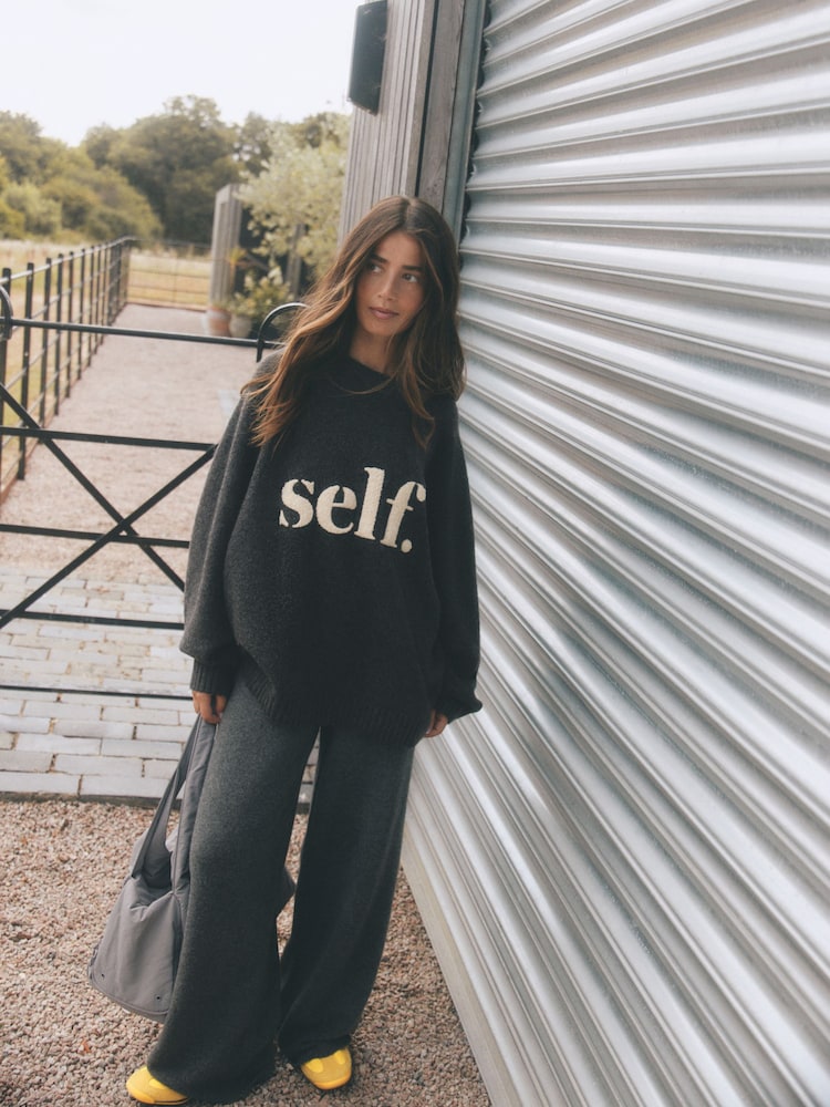 self. Charcoal Grey Knitted Slogan Jumper - Image 2 of 6