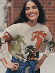 Neutral Crew Neck Horse Graphic Knit Look Jumper - Image 1 of 7