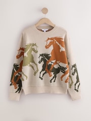 Neutral Crew Neck Horse Graphic Knit Look Jumper - Image 5 of 7