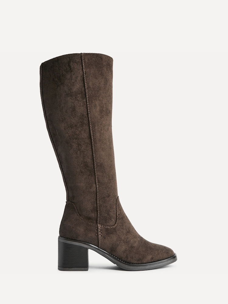 Linzi Brown Suede Canvas Block Heeled High Leg Boots - Image 2 of 5 Linzi Brown Suede Canvas Block Heeled High Leg Boots - Image 2 of 5