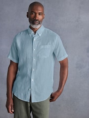 Light Blue Standard Collar Signature 100% Linen Short Sleeve Shirt - Image 1 of 7