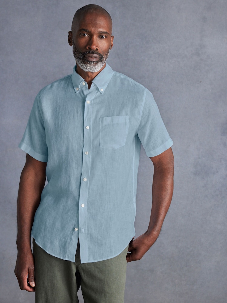 Light Blue Standard Collar Signature 100% Linen Short Sleeve Shirt - Image 1 of 7