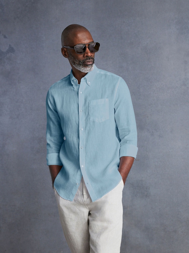 Light Blue Standard Collar Signature 100% Linen Long Sleeve Shirt - Image 1 of 9