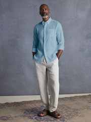 Light Blue Standard Collar Signature 100% Linen Long Sleeve Shirt - Image 2 of 9