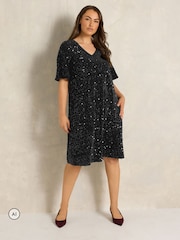 Evans Black Velvet Sequin Embellished Dress - Image 2 of 6