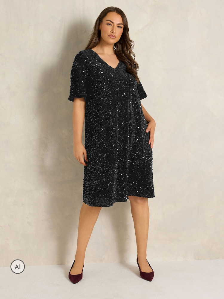 Evans Black Velvet Sequin Embellished Dress - Image 2 of 6 Evans Black Velvet Sequin Embellished Dress - Image 2 of 6