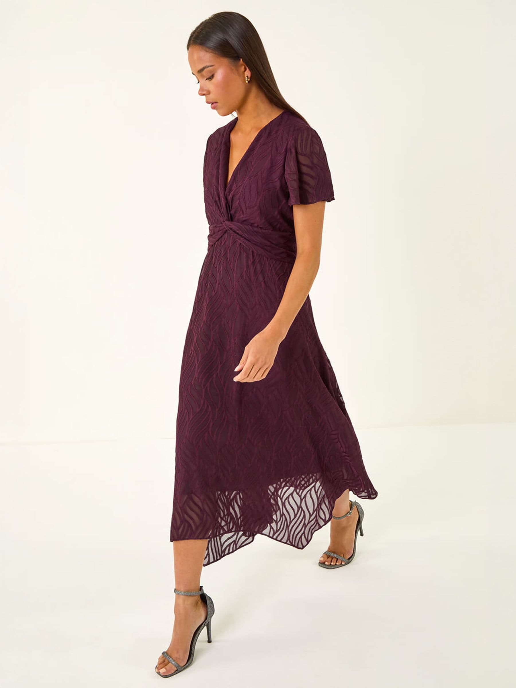Roman Petite Front Twist Jacquard Dress, Red, Size 12, Women - Image 3