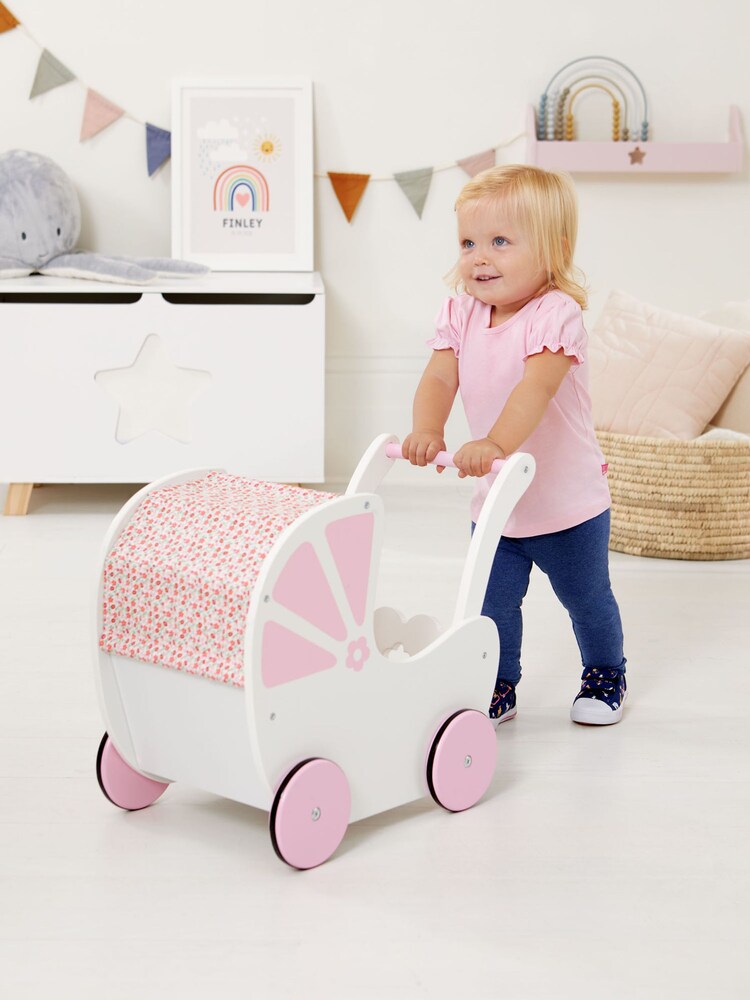JoJo Maman Bébé Pink Fleur Wooden Push-Along Toy Pram - Image 1 of 6
