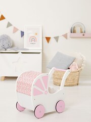 JoJo Maman Bébé Pink Fleur Wooden Push-Along Toy Pram - Image 3 of 6