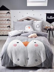 Grey Kids Appliqué Fleece Penguin Duvet Cover And Pillowcase Set - Image 1 of 4