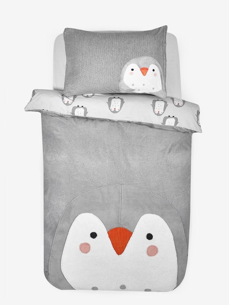 Grey Kids Appliqué Fleece Penguin Duvet Cover And Pillowcase Set - Image 4 of 4