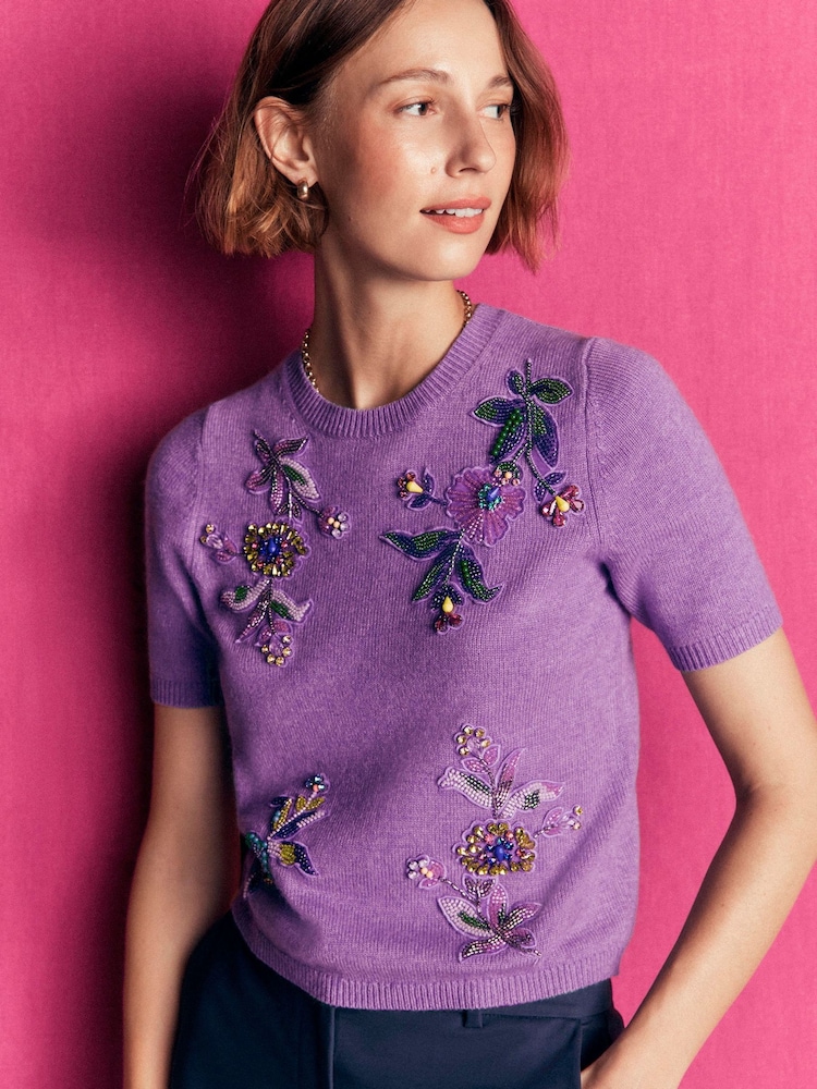 Boden Purple Ria Embellished Knit T-Shirt - Image 2 of 5 Boden Purple Ria Embellished Knit T-Shirt - Image 2 of 5