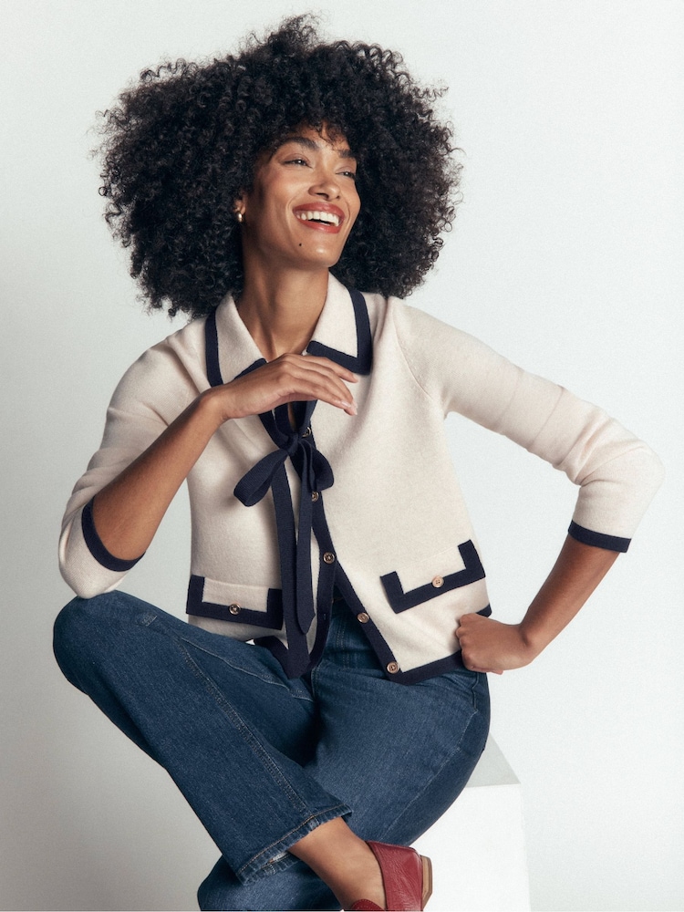 Boden Cream Elizabeth Bow Knitted Jacket - Image 1 of 5 Boden Cream Elizabeth Bow Knitted Jacket - Image 1 of 5