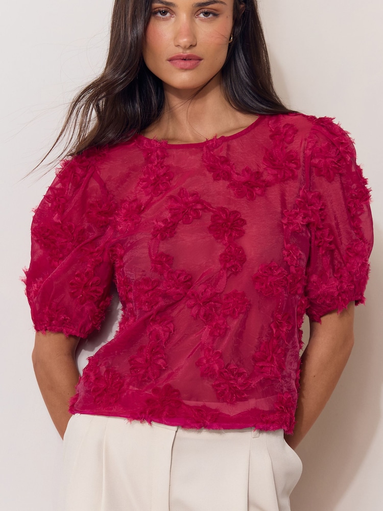 Lipsy Red 3D Floral Textured T-Shirt - Image 1 of 5 Lipsy Red 3D Floral Textured T-Shirt - Image 1 of 5