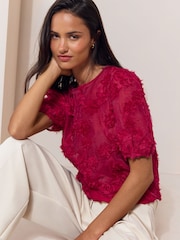 Lipsy Red 3D Floral Textured T-Shirt - Image 4 of 5