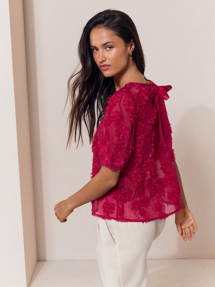 Lipsy Red 3D Floral Textured T-Shirt - Image 5 of 5 Lipsy Red 3D Floral Textured T-Shirt - Image 5 of 5