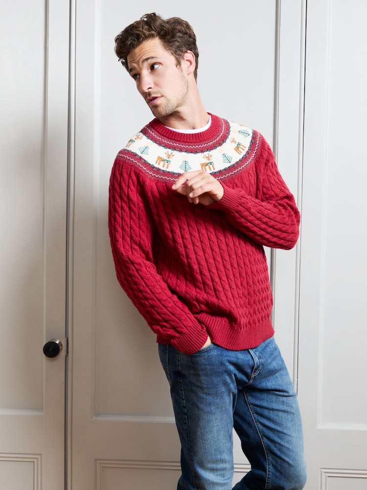 JoJo Maman Bébé Bright Red Men's Long Sleeve Christmas Reindeer Fairisle Jumper - Image 1 of 4 JoJo Maman Bébé Bright Red Men's Long Sleeve Christmas Reindeer Fairisle Jumper - Image 1 of 4