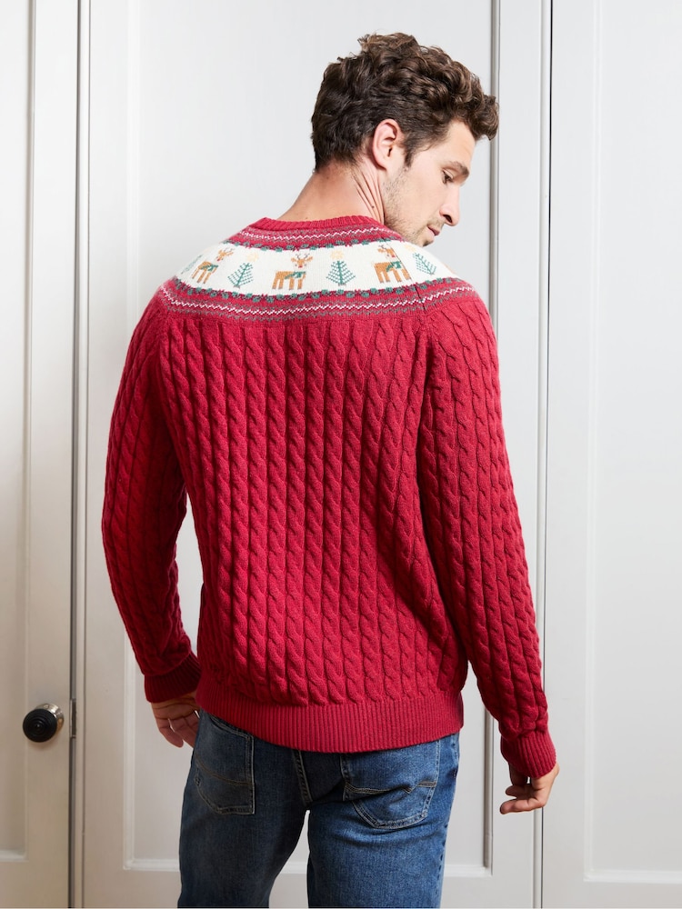 JoJo Maman Bébé Bright Red Men's Long Sleeve Christmas Reindeer Fairisle Jumper - Image 2 of 4 JoJo Maman Bébé Bright Red Men's Long Sleeve Christmas Reindeer Fairisle Jumper - Image 2 of 4