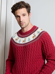 JoJo Maman Bébé Bright Red Men's Long Sleeve Christmas Reindeer Fairisle Jumper - Image 4 of 4