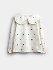 JoJo Maman Bébé Cream Heart Embroidered Oversized Collar Top - Image 1 of 4
