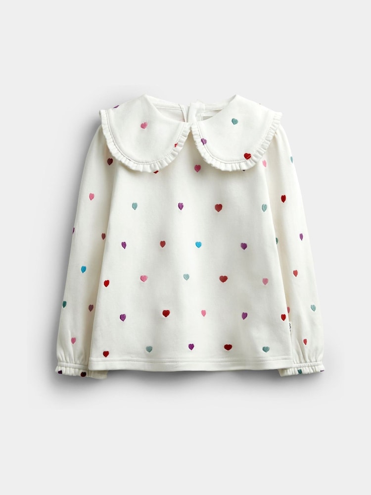 JoJo Maman Bébé Cream Heart Embroidered Oversized Collar Top - Image 1 of 4 JoJo Maman Bébé Cream Heart Embroidered Oversized Collar Top - Image 1 of 4