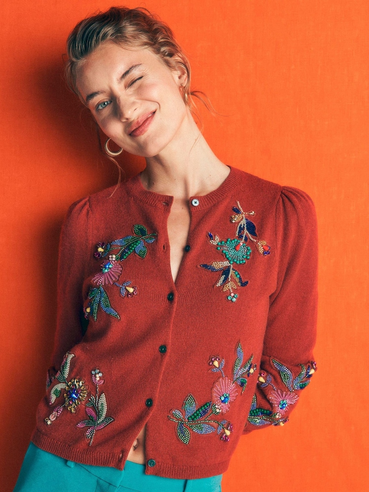 Boden Brown Ria Embellished Knit Cardigan - Image 1 of 6 Boden Brown Ria Embellished Knit Cardigan - Image 1 of 6