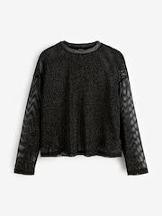 Black/Gold Crochet Mesh Sparkle Sheer Long Sleeve Top - Image 1 of 7