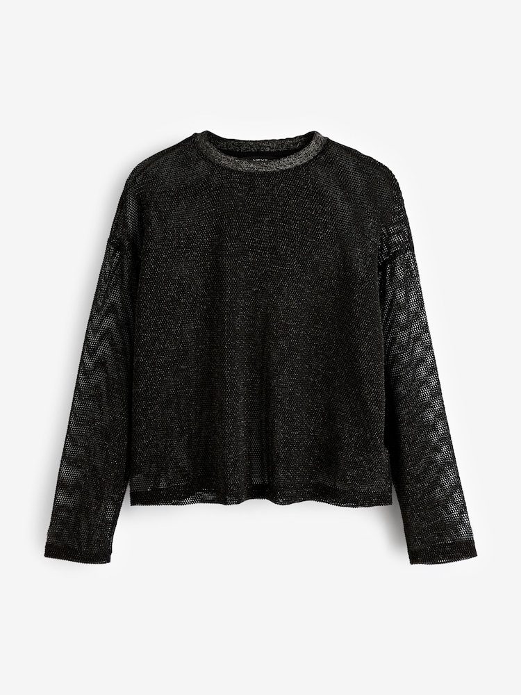 Black/Gold Crochet Mesh Sparkle Sheer Long Sleeve Top - Image 1 of 7