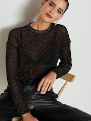 Black/Gold Crochet Mesh Sparkle Sheer Long Sleeve Top - Image 3 of 7