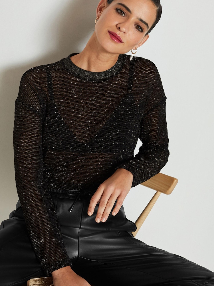 Black/Gold Crochet Mesh Sparkle Sheer Long Sleeve Top - Image 3 of 7