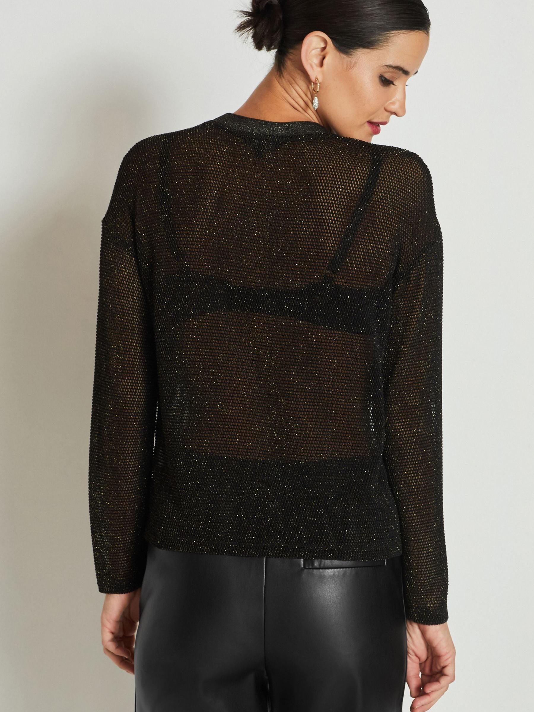 Buy Black/Gold Crochet Mesh Sparkle Sheer Long Sleeve Top Buy Black/Gold Crochet Mesh Sparkle Sheer Long Sleeve Top