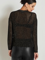 Black/Gold Crochet Mesh Sparkle Sheer Long Sleeve Top - Image 4 of 7