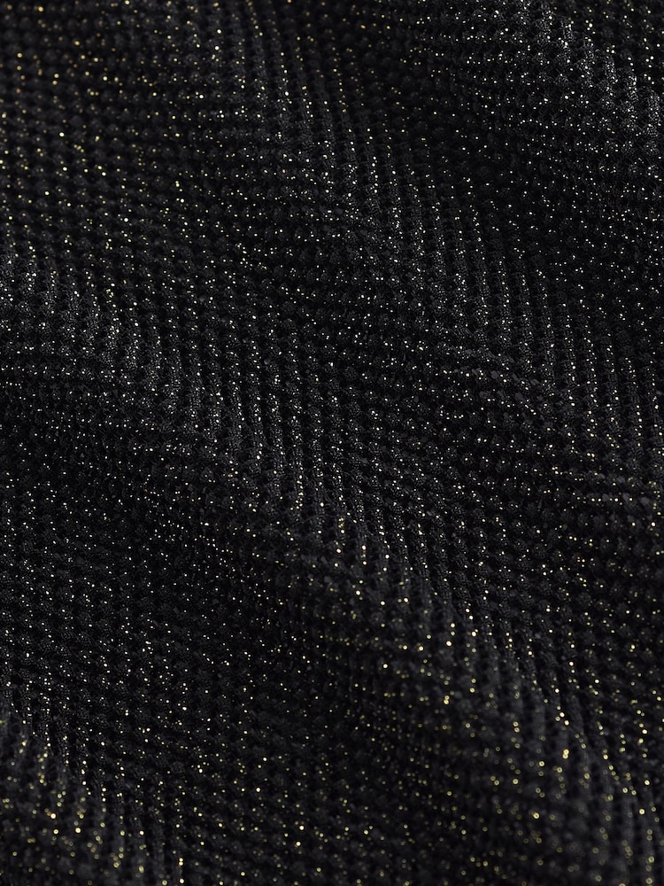 Black/Gold Crochet Mesh Sparkle Sheer Long Sleeve Top - Image 7 of 7