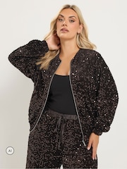 Yours Curve Brown Sequin Bomber Jacket - Image 1 of 2