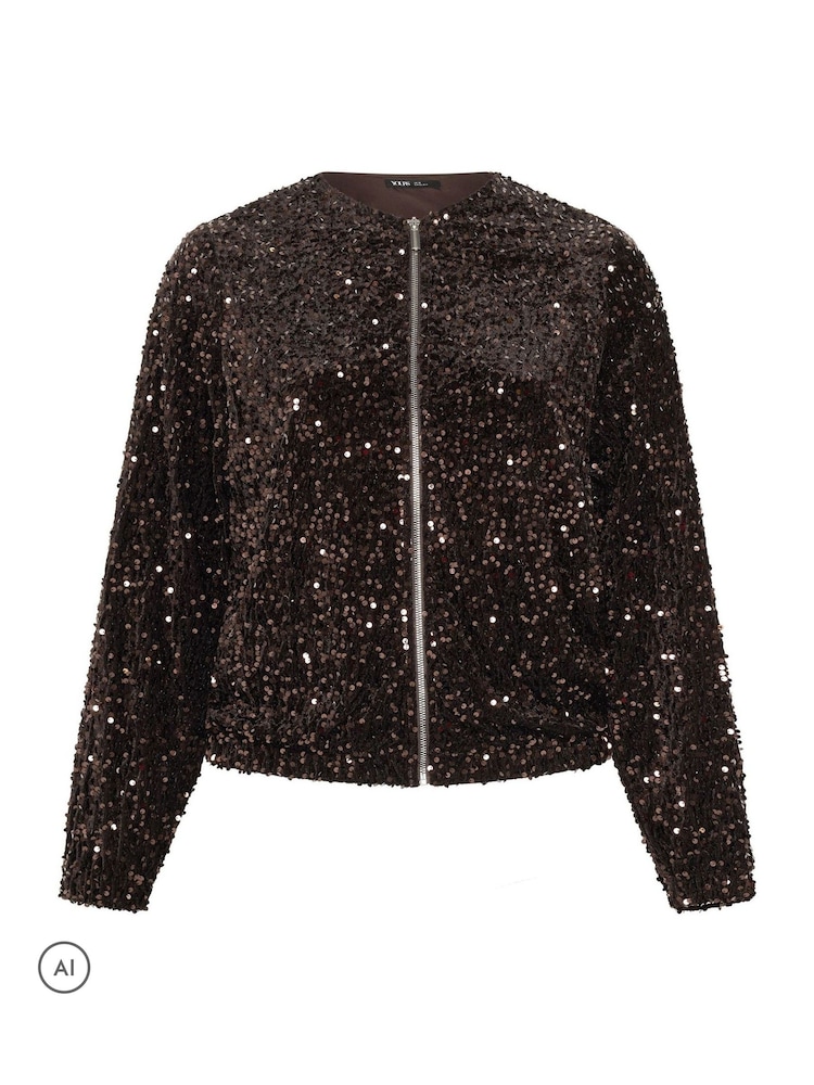 Yours Curve Brown Sequin Bomber Jacket - Image 2 of 2 Yours Curve Brown Sequin Bomber Jacket - Image 2 of 2