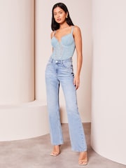 Lipsy Blue Lightly Padded Embroidery Bodysuit - Image 3 of 4