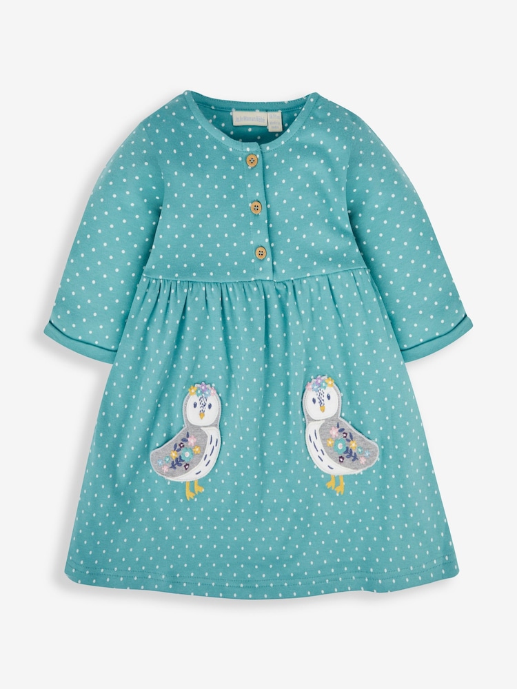 JoJo Maman Bébé Duck Egg Blue Owl Appliqué Button Front Dress - Image 1 of 3