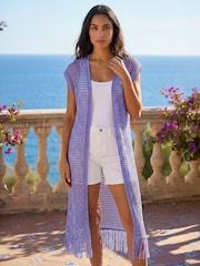 Roman Longline Shimmer Tassel Knit Kimono Cover-Up - 4의 이미지 2