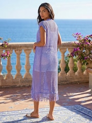 Roman Longline Shimmer Tassel Knit Kimono Cover-Up - 4의 이미지 3