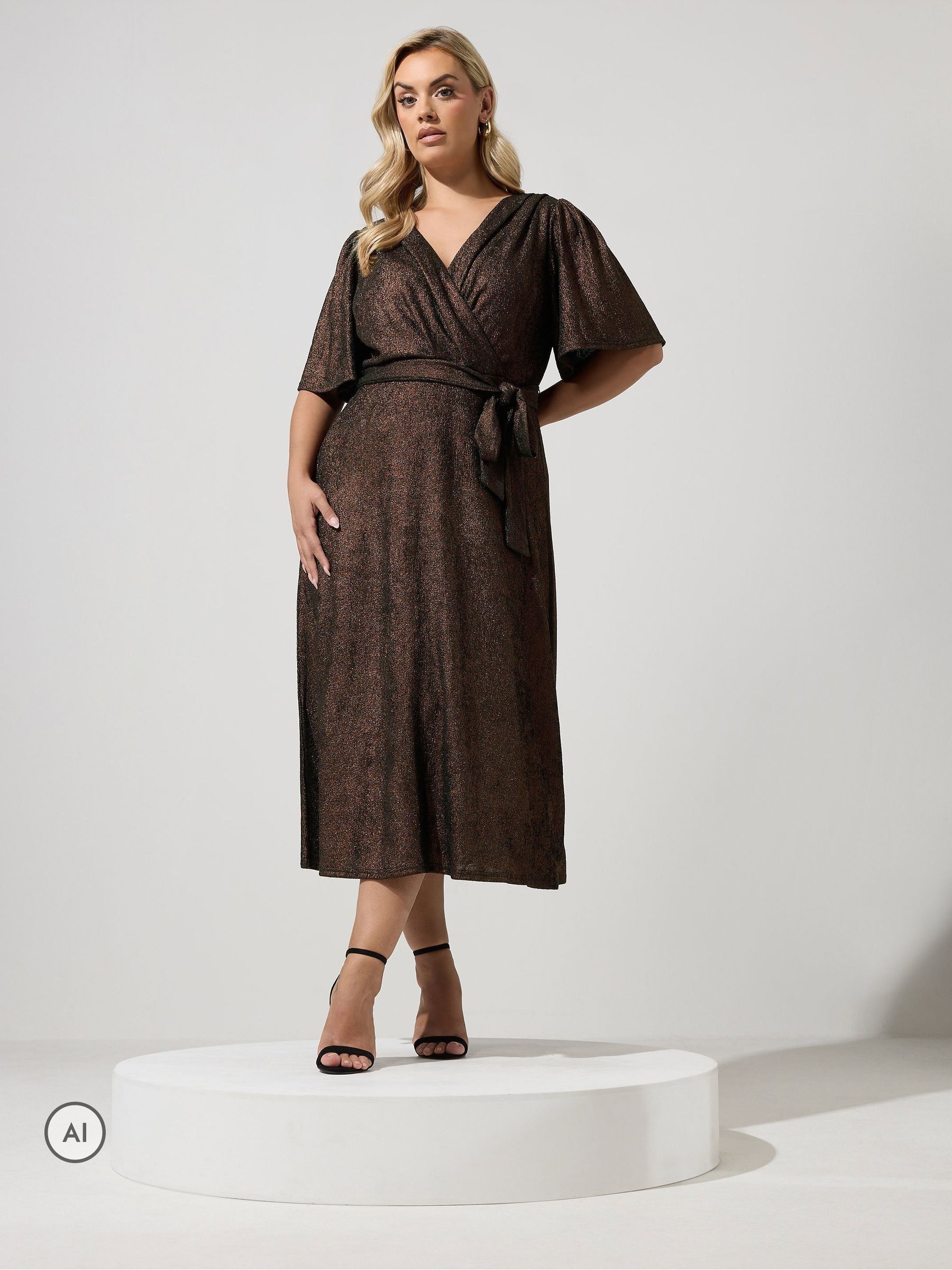 Yours London Women's Brown Curve Metallic Maxi Wrap Dress - Image 2