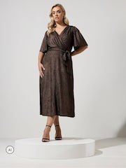 Yours Curve Brown Metallic Wrap Dress - Image 1 of 4