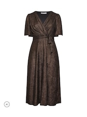 Yours Curve Brown Metallic Wrap Dress - Image 3 of 4