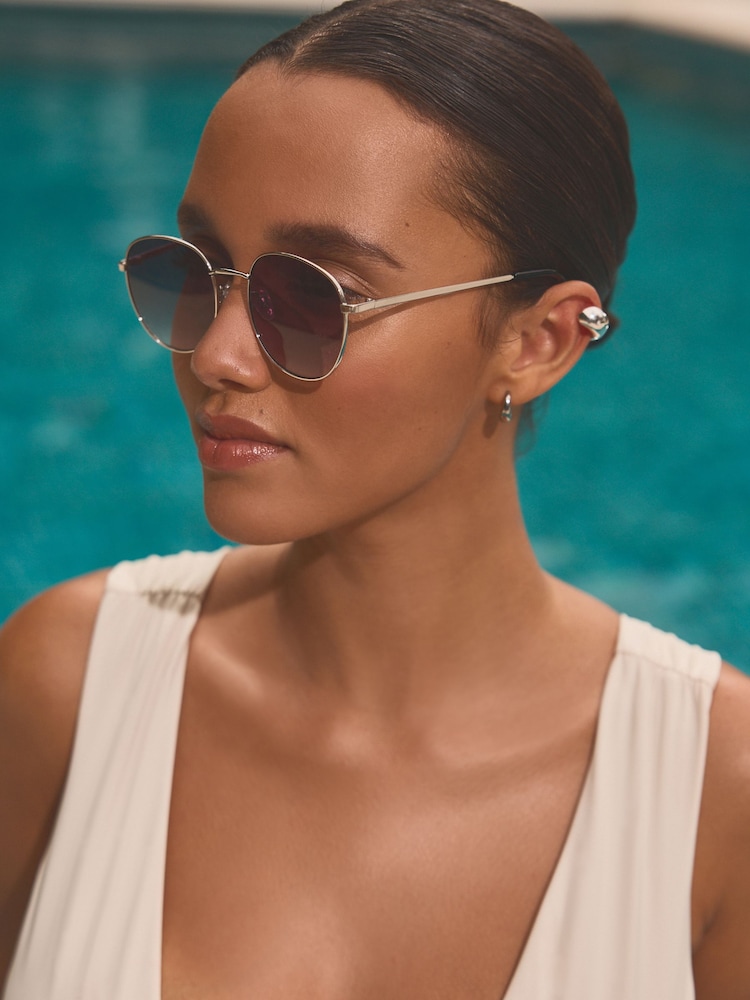 Silver (Metal) Black Lens Round Sunglasses - Image 1 of 6