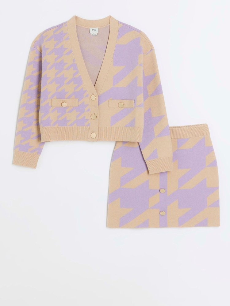 River Island Purple Girls Houndstooth Cardigan Set - Image 1 of 4 River Island Purple Girls Houndstooth Cardigan Set - Image 1 of 4