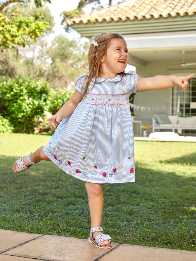 JoJo Maman Bébé Blue Strawberry Embroidered Smocked Dress - Image 2 of 7
