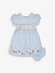 JoJo Maman Bébé Blue Strawberry Embroidered Smocked Dress - Image 4 of 7